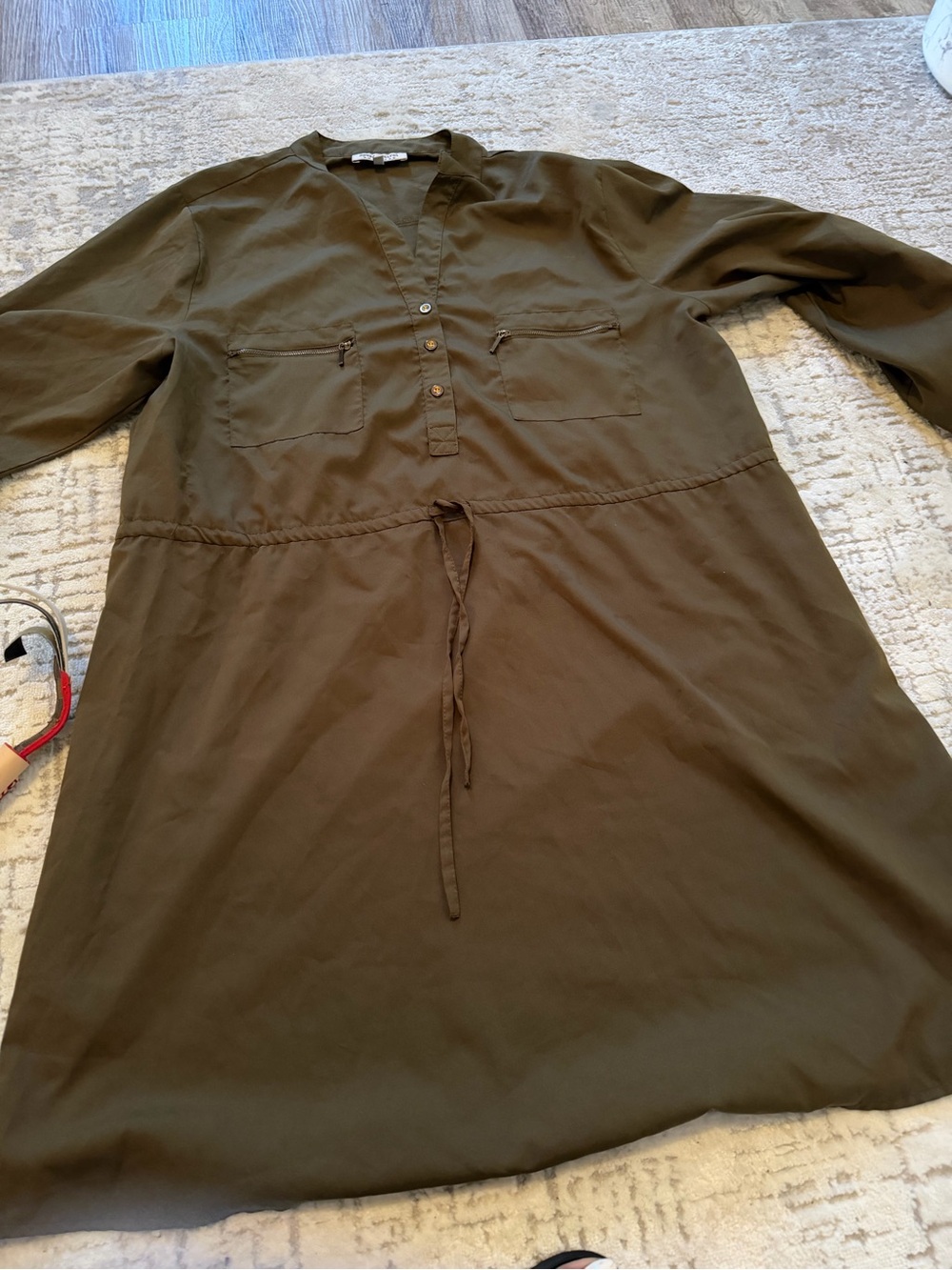 SHEIN Olive Drawstring Midi Shirt Dress